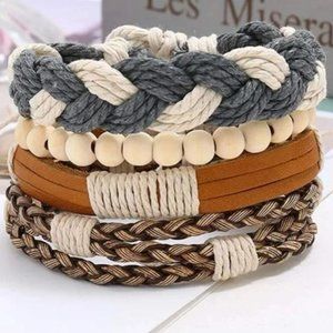 Adjustable 4 piece Boho Braided Leather Beaded Bracelet